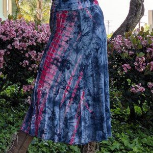 long blue and red pattern maxi skirt. flowy